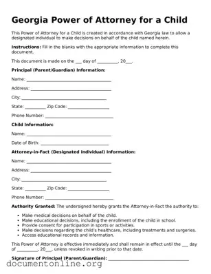 Free Power of Attorney for a Child Form for Georgia State