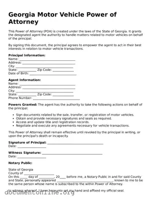 Free Motor Vehicle Power of Attorney Form for Georgia State
