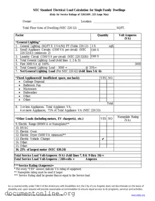 Free LADBS NEC Standard Electrical Load Calculation Template