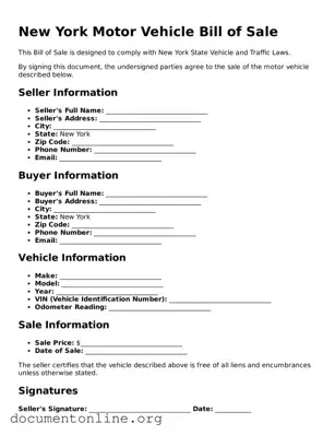 Free Motor Vehicle Bill of Sale Form for New York State