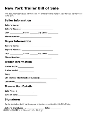 Free Trailer Bill of Sale Form for New York State