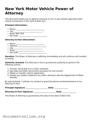 Free Motor Vehicle Power of Attorney Form for New York State