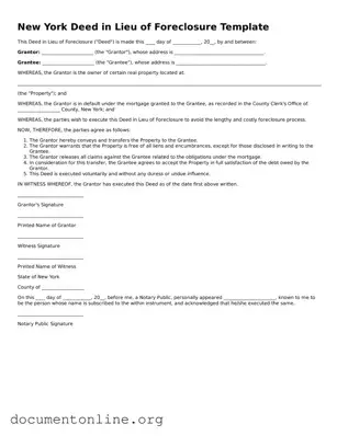 Free Deed in Lieu of Foreclosure Form for New York State