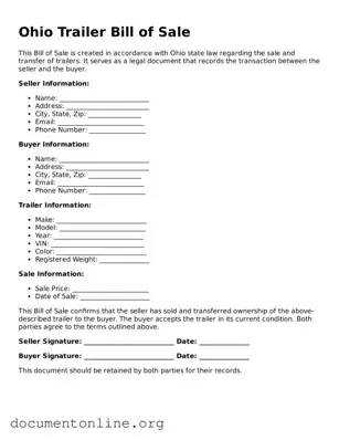 Free Trailer Bill of Sale Form for Ohio State
