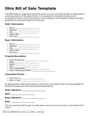 Free Bill of Sale Form for Ohio State