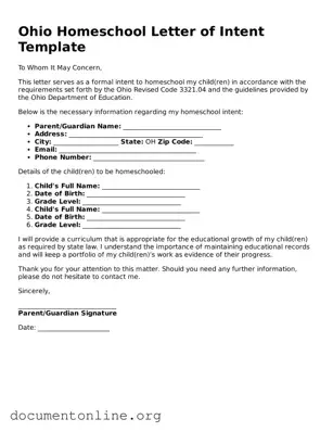 Free Homeschool Letter of Intent Form for Ohio State