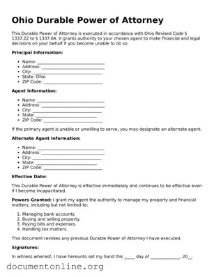 Free Durable Power of Attorney Form for Ohio State