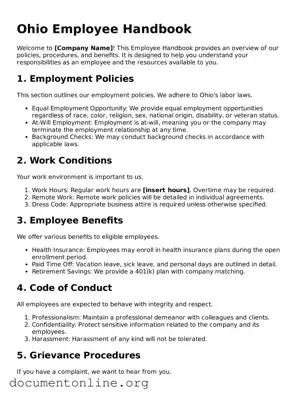 Free Employee Handbook Form for Ohio State