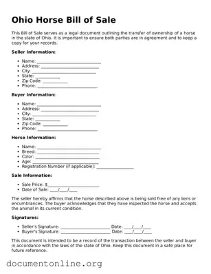 Free Horse Bill of Sale Form for Ohio State