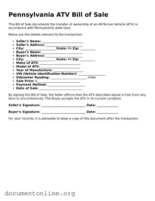 Free ATV Bill of Sale Form for Pennsylvania State