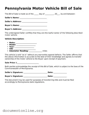 Free Motor Vehicle Bill of Sale Form for Pennsylvania State