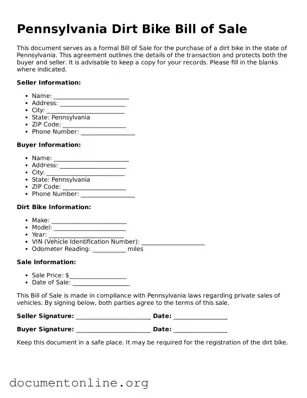Free Dirt Bike Bill of Sale Form for Pennsylvania State