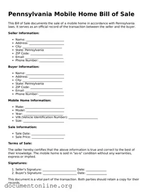 Free Mobile Home Bill of Sale Form for Pennsylvania State