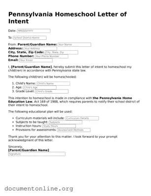 Free Homeschool Letter of Intent Form for Pennsylvania State