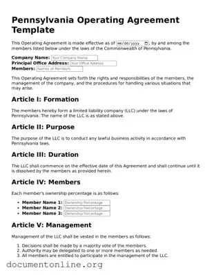 Free Operating Agreement Form for Pennsylvania State