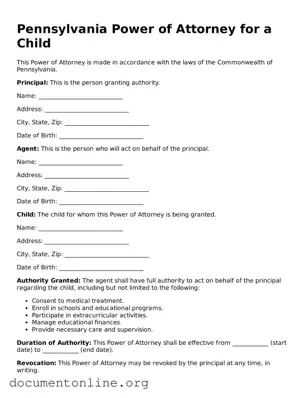 Free Power of Attorney for a Child Form for Pennsylvania State