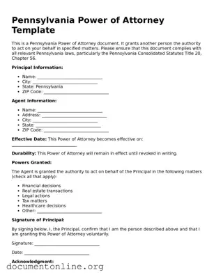 Free Power of Attorney Form for Pennsylvania State