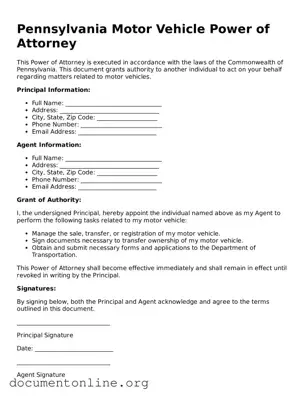 Free Motor Vehicle Power of Attorney Form for Pennsylvania State