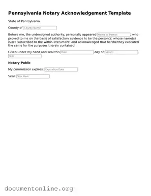 Free Notary Acknowledgement Form for Pennsylvania State