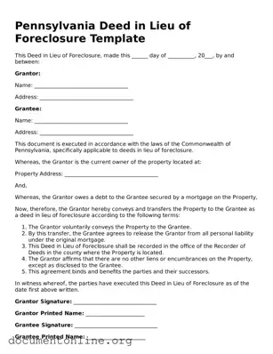 Free Deed in Lieu of Foreclosure Form for Pennsylvania State