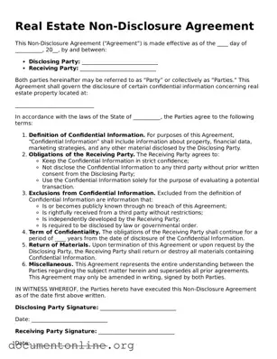 Free Real Estate Non-Disclosure Agreement Form