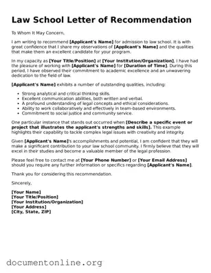 Free Law School Letter of Recommendation Form