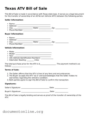 Free ATV Bill of Sale Form for Texas State