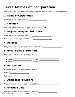 Free Articles of Incorporation Form for Texas State