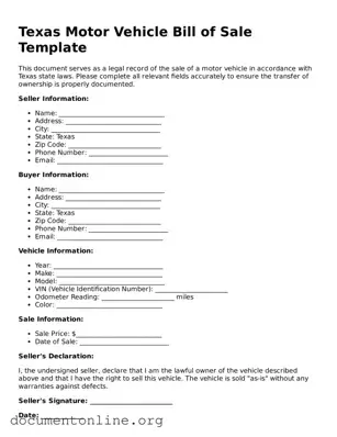 Free Motor Vehicle Bill of Sale Form for Texas State