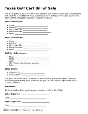 Free Golf Cart Bill of Sale Form for Texas State