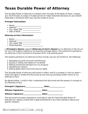 Free Durable Power of Attorney Form for Texas State