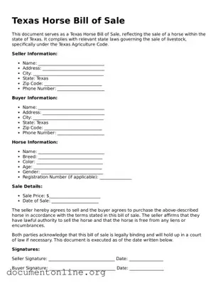 Free Horse Bill of Sale Form for Texas State