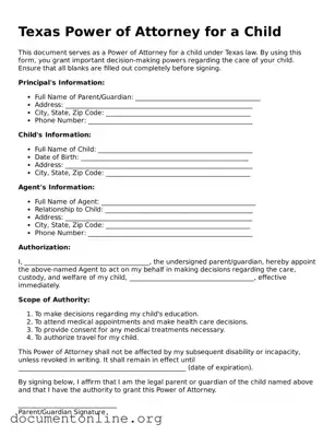 Free Power of Attorney for a Child Form for Texas State