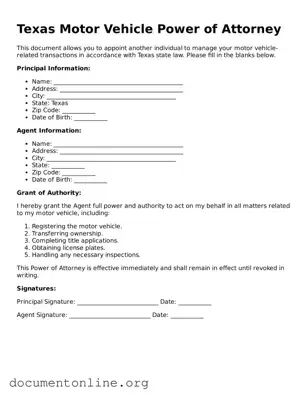 Free Motor Vehicle Power of Attorney Form for Texas State