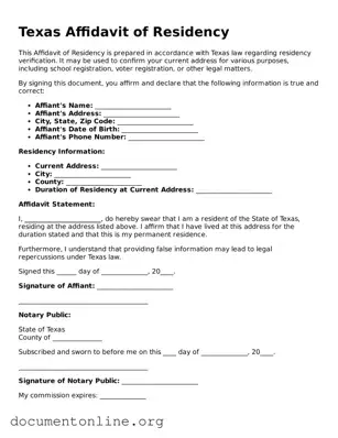 Free Affidavit of Residency Form for Texas State