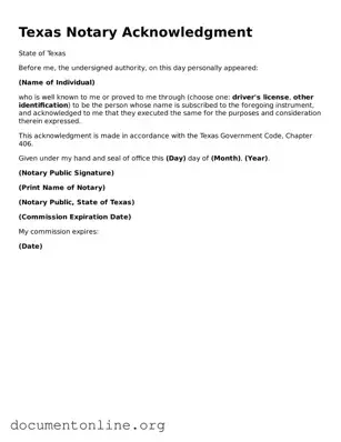 Free Notary Acknowledgement Form for Texas State