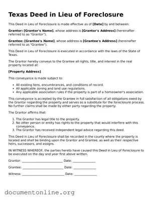 Free Deed in Lieu of Foreclosure Form for Texas State