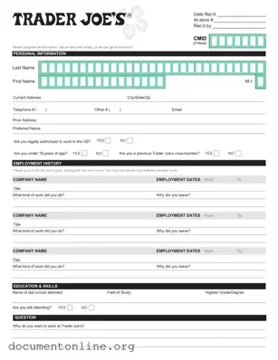 Free Trader Joe's application Template