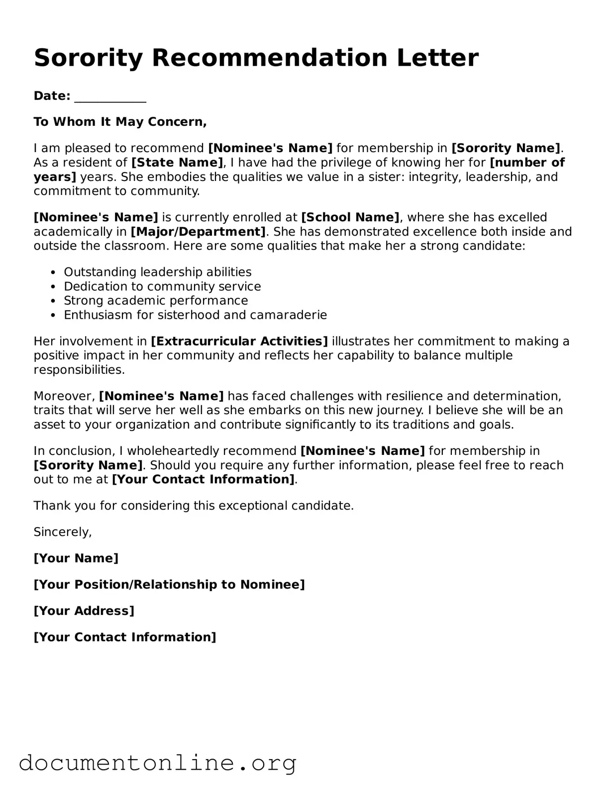 Free Sorority Recommendation Letter Form