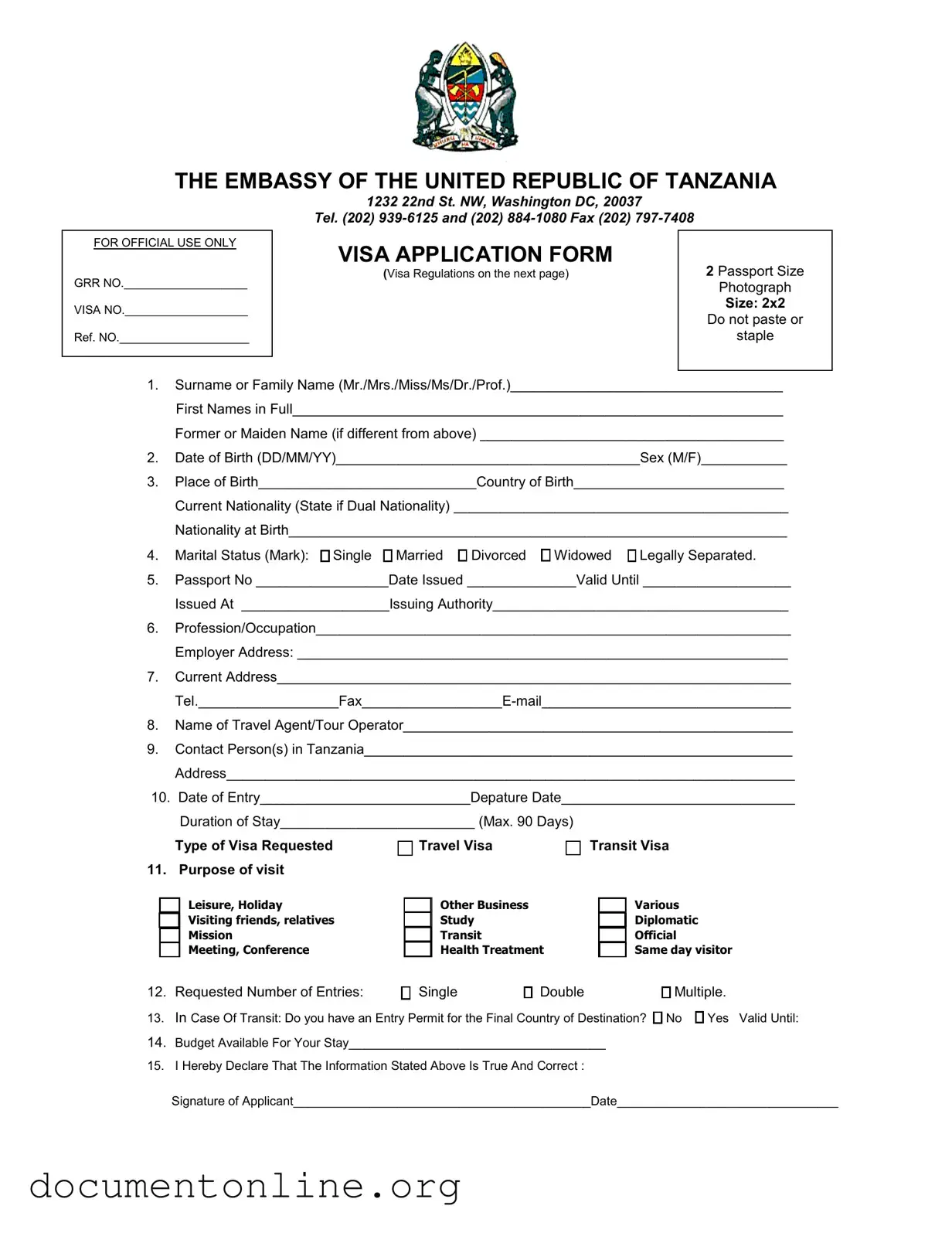 Free Tanzania Visa Applicaiton Template