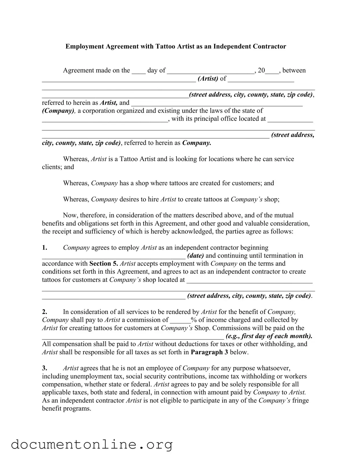Free Tattoo Shop Artist Agreement Template