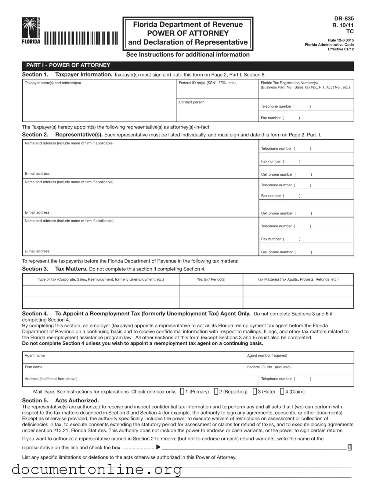 Free Tax POA dr 835 Template