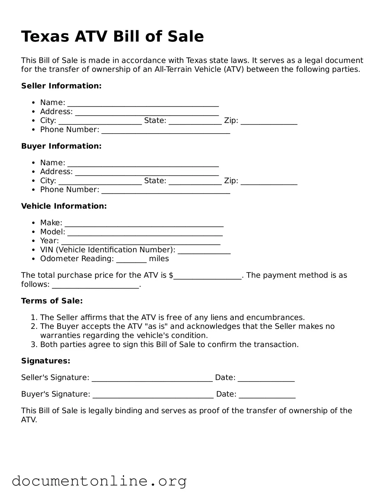 Free ATV Bill of Sale Form for Texas State