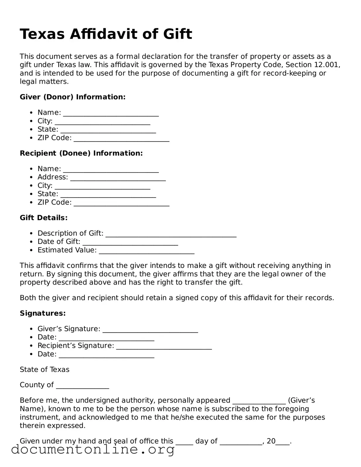 Free Affidavit of Gift Form for Texas State
