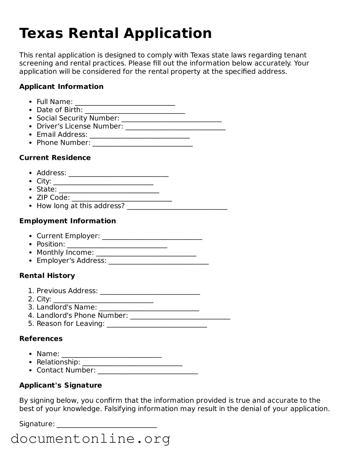 Free Rental Application Form for Texas State