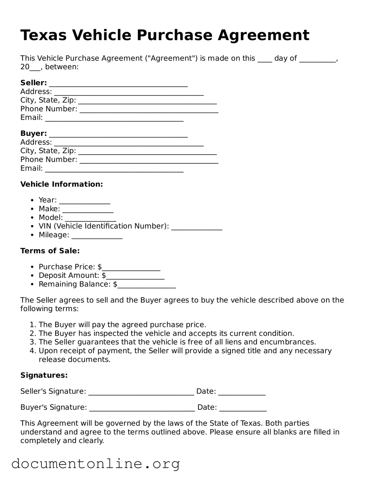Free Vehicle Purchase Agreement Form for Texas State