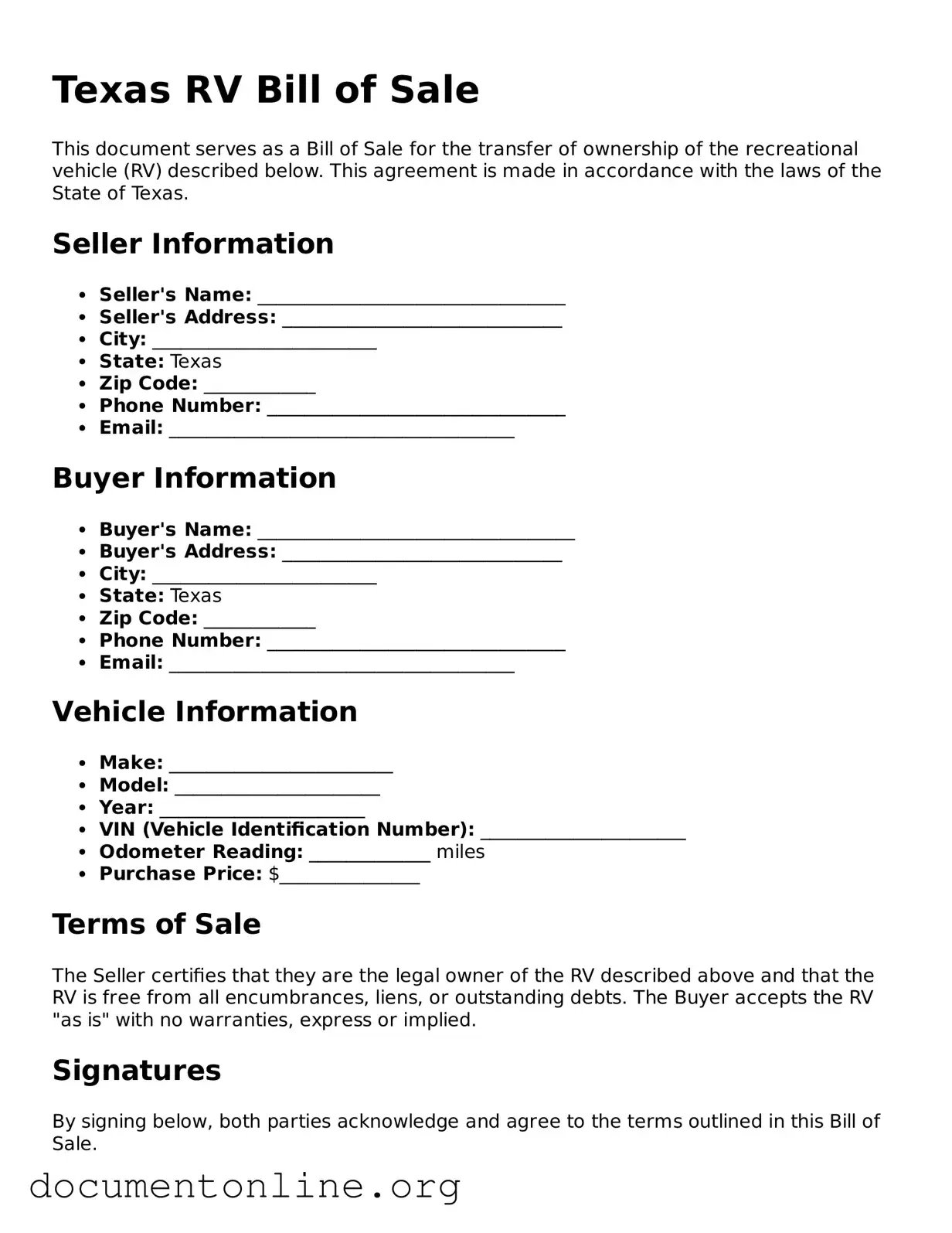 Free RV Bill of Sale Form for Texas State