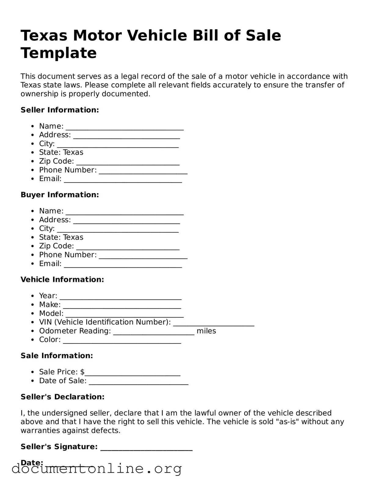 Free Motor Vehicle Bill of Sale Form for Texas State
