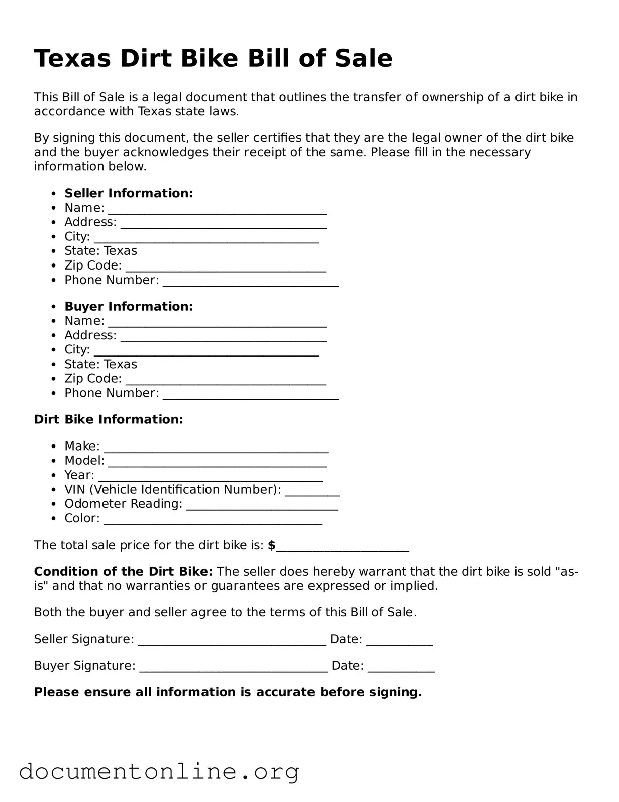 Free Dirt Bike Bill of Sale Form for Texas State
