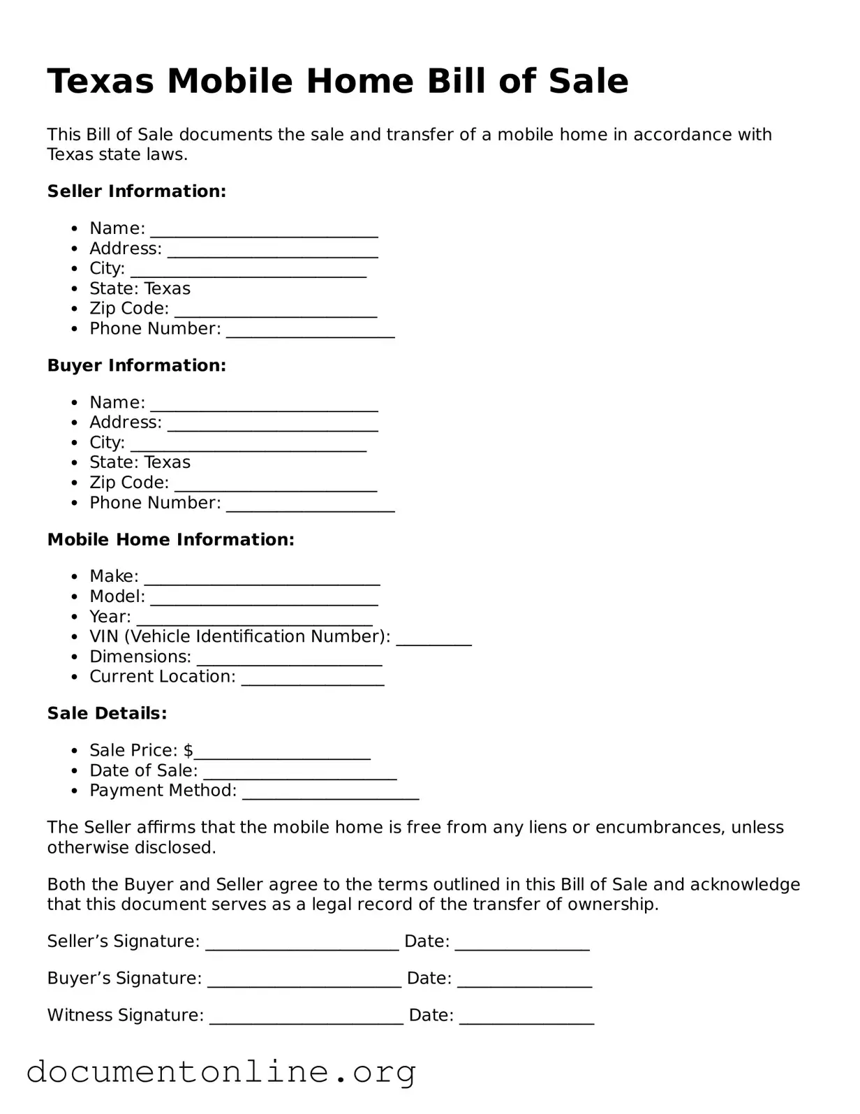 Free Mobile Home Bill of Sale Form for Texas State